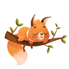 A cute, cartoon style squirrel is peacefully snoozing on a tree branch, comfortably surrounded by lush, green leaves
