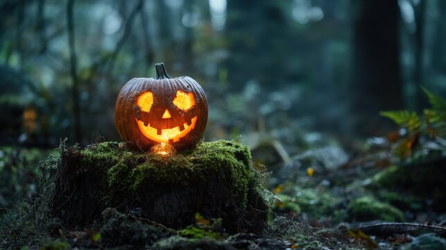 spooky pumpkin in a misty forest setting