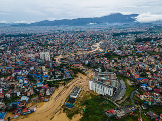 Drone view of the Nakhu River flooded in Lalitpur, Nepal..