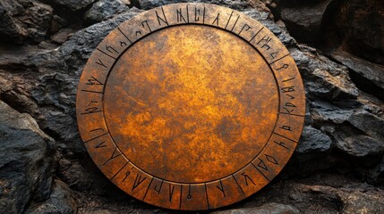 Ancient Bronze Disc with Runes Upon a Textured Rock Background, Evoking Mystical Symbols and Historical Significance in a Dramatic Setting