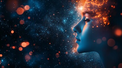 Fototapeta premium Abstract digital art of a woman's face with glowing lights, perfect for a social media post, background, or wallpaper.