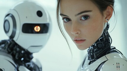Closeup of a humanoid robot face with golden accents and glowing eyes