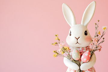 Obraz premium White easter bunny celebrating easter holiday with decorated eggs and flowers on pink background