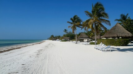 White sand tropical beach with palm trees against clear blue sky, expansive travel background for tourism and holiday designs.