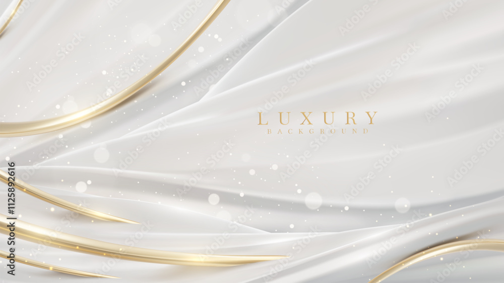 Sticker white background with a golden curve line and fluid glowing effects, including bokeh. luxury modern 