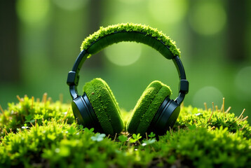 Forest green moss shaped like headphones symbolizing nature sustainability and relaxation through podcast audio or calming music. Concept Nature Inspired Podcasts, Sustainable Living