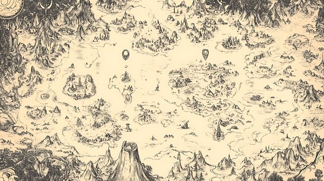 Hand-drawn fantasy world map with islands, mountains, and forests.