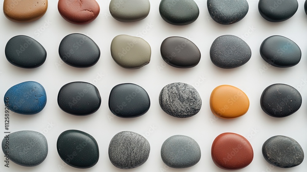 Poster array of smooth colorful stones on a white background, each stone with unique textures and colors