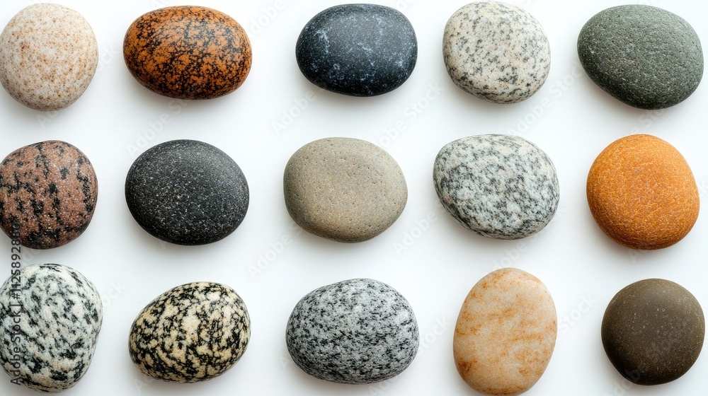 Poster array of smooth colorful stones on a white background, each stone with unique textures and colors
