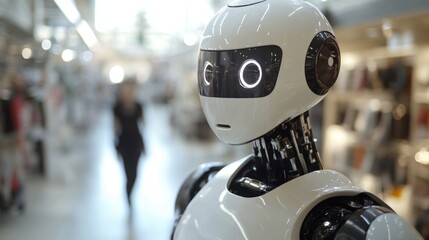 Fototapeta premium Humanoid robot observing its surroundings in a crowded shopping mall