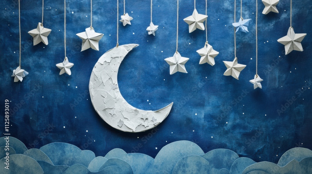 Poster delicate paper-crafted moon and stars hang from strings, creating a whimsical holiday atmosphere ami