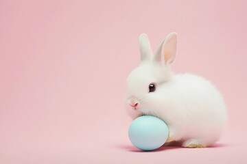 Obraz premium Cute white easter bunny holding a light blue egg on a pink background, perfect for easter greetings and spring celebrations