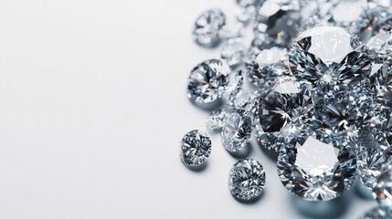 Sparkling diamonds scattered on a white background.
