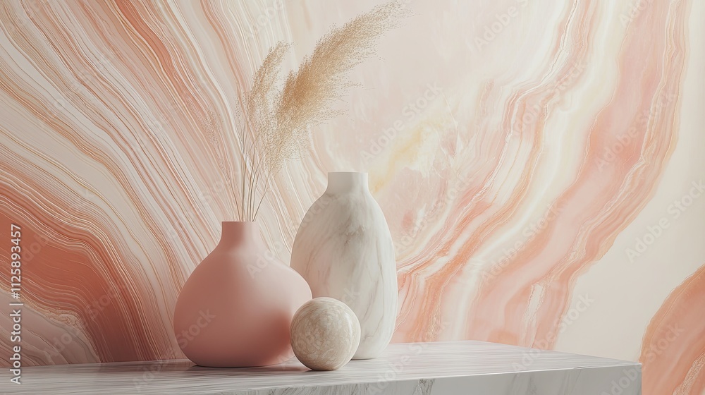 Poster calming marble surface with abstract curves and subtle pastel tones, creating a minimalistic, serene