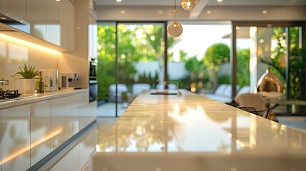 Fototapeta premium Modern Kitchen Island with Marble Countertop and Garden View