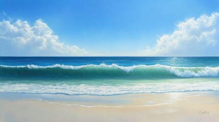 Obraz premium Clear view of the ocean meeting the sky at the horizon, gentle waves and bright sky