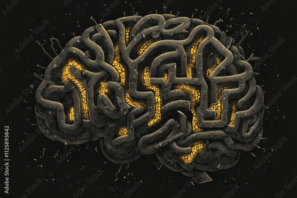 Poster intricate labyrinth design representing a human brain features complex pathways illuminated in brigh