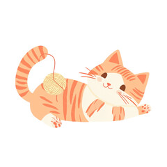 Fototapeta premium Adorable Orange Tabby Kitten Playing with Yarn Ball