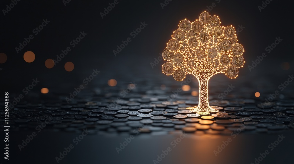Poster a glowing tree made of lights stands on a textured surface, creating a serene and enchanting atmosph