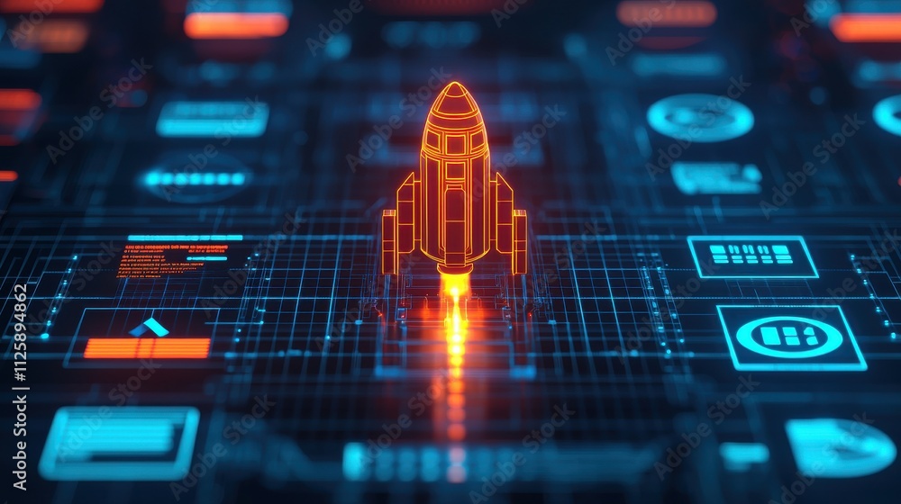 Poster a glowing orange rocket stands out against a digital background filled with futuristic icons and cir