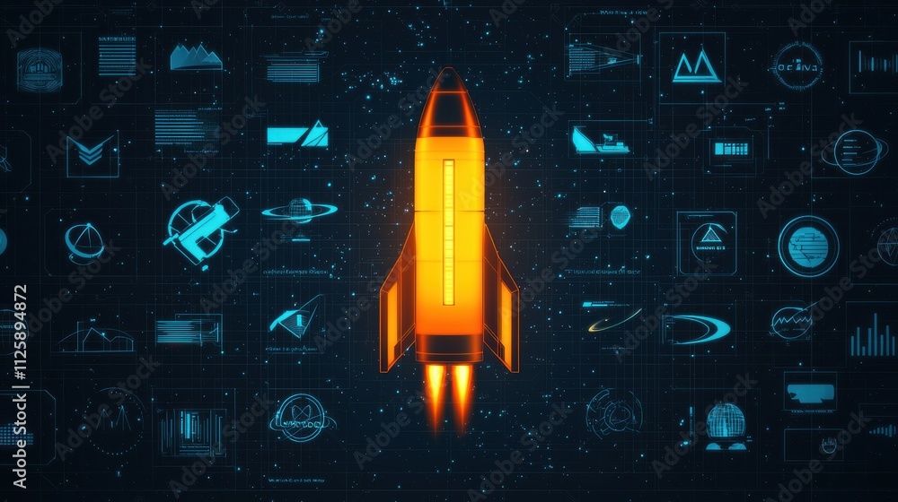 Poster a futuristic rocket design illuminated in orange, surrounded by various space and technology-related