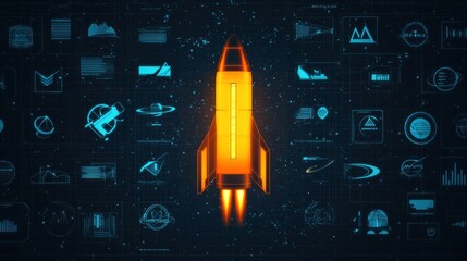 A futuristic rocket design illuminated in orange, surrounded by various space and technology-related icons and graphics against a dark background.