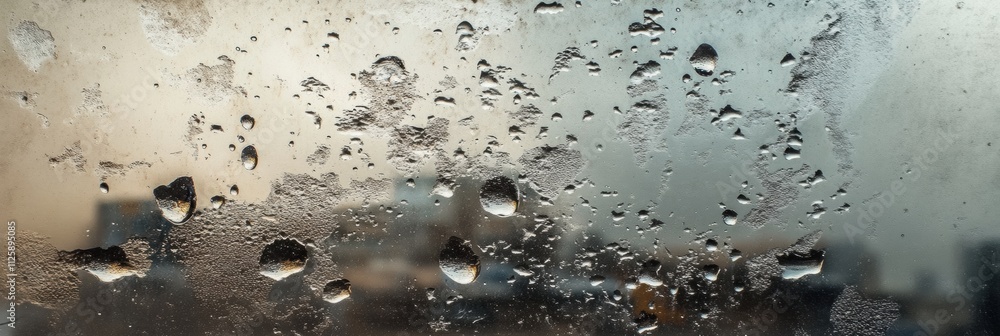 Fototapete raindrops collect on a window, offering a view of a deserted street under overcast skies with space 