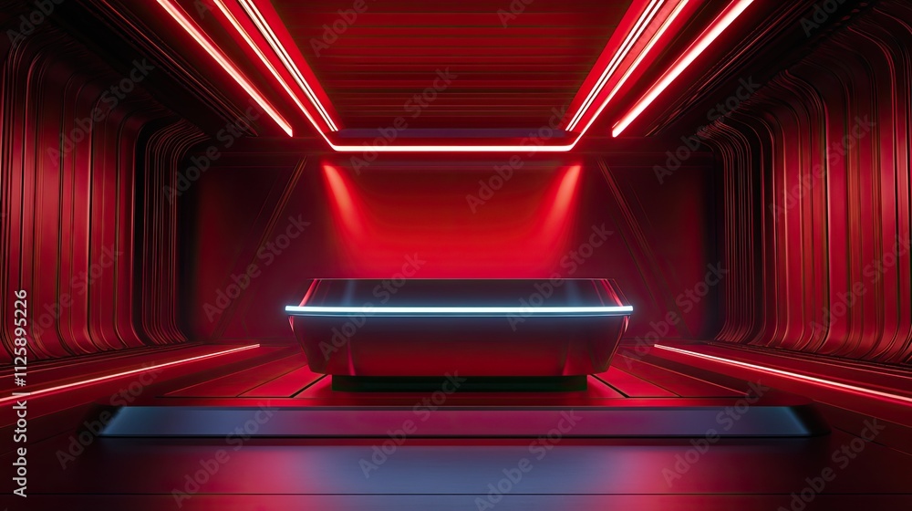 Poster futuristic display on a sleek red podium with a tech-inspired neon glow, showcasing a product in a c