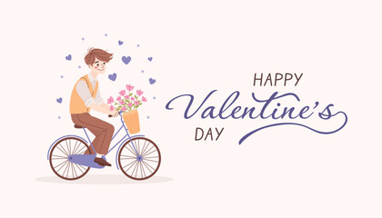 Happy Valentine's Day. Vector banner, poster, greeting card with cute guy in love, boy on bicycle with tulip basket. Illustration for promotion and shopping template.