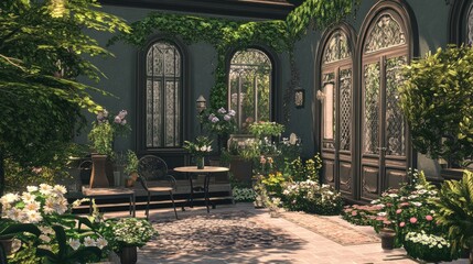Obraz premium Lush back garden with a patio, flowers, and greenery-filled planters