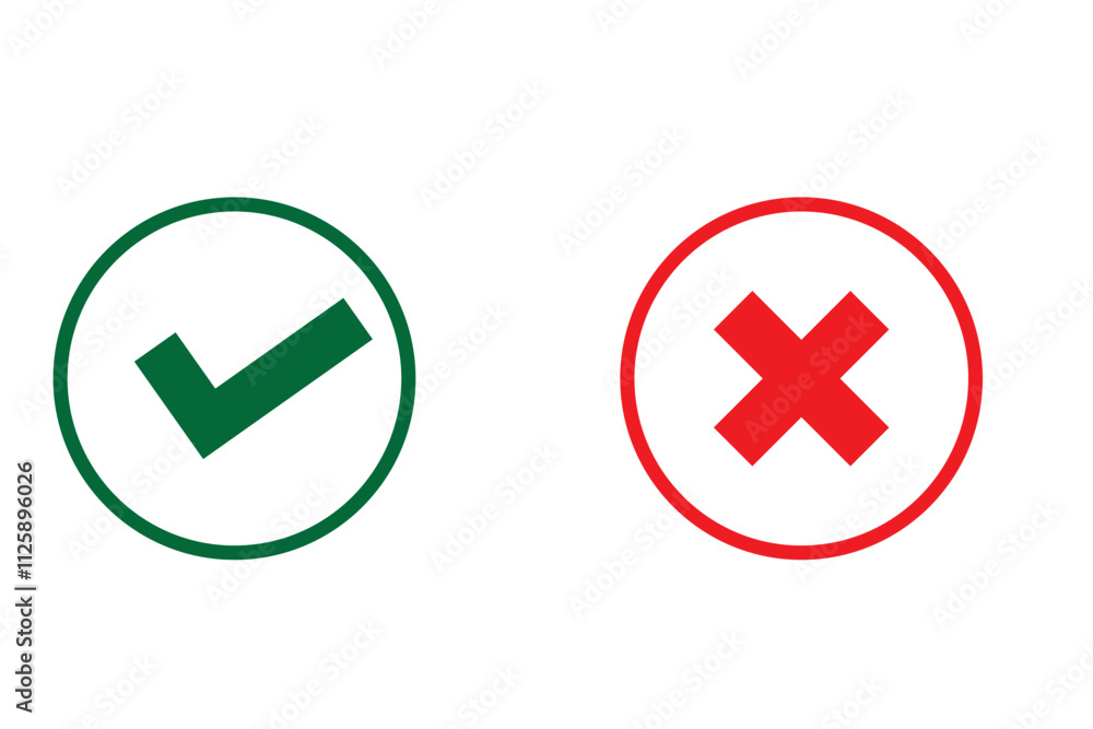 Poster checkmark icons tick and cross sign green check mark and red x cross on white background. circle sha