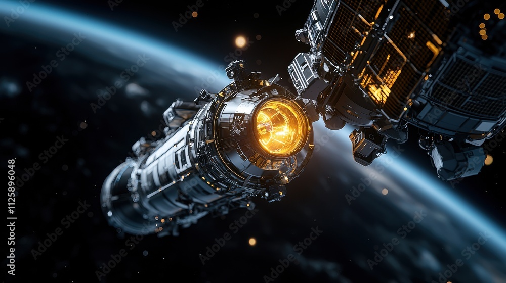 Poster a futuristic spacecraft with glowing components orbits earth, showcasing advanced technology and spa