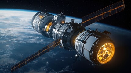 A futuristic spacecraft or satellite orbits Earth, showcasing advanced technology and intricate design against a backdrop of space.