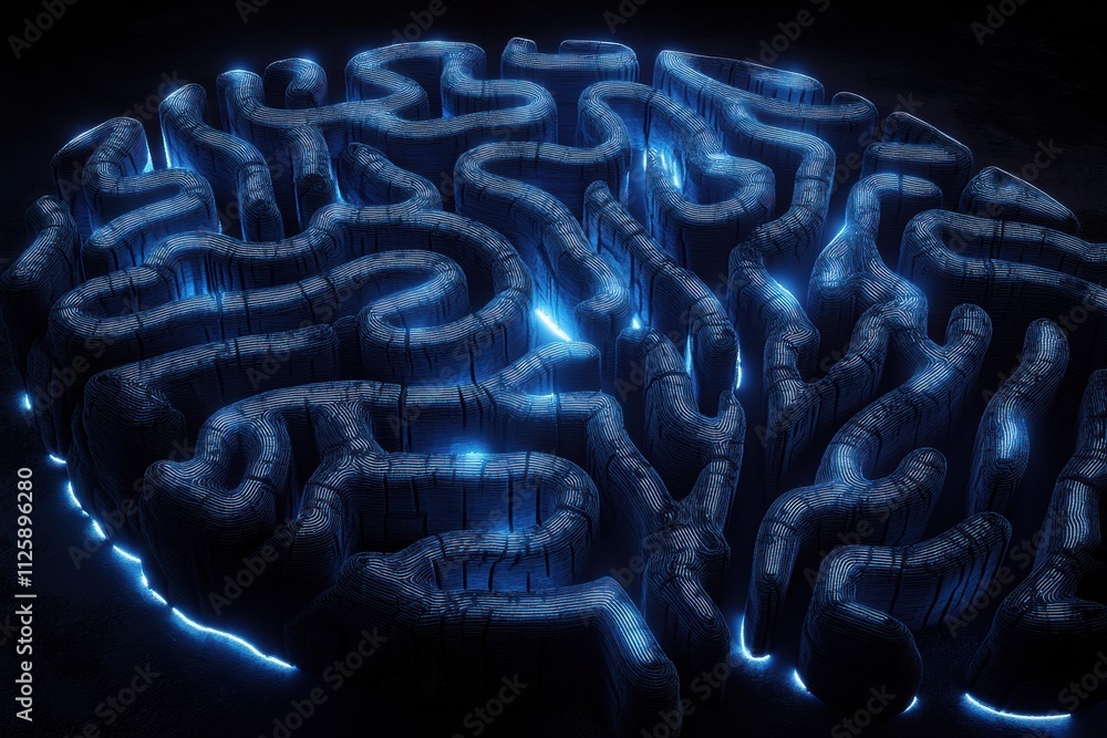 Aufkleber A labyrinthine structure resembling a human brain glows with blue light, offering ample room for text and creative ideas. Generative AI