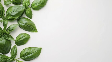 Fototapeta premium Fresh Basil Leaves on White Background | Minimalism