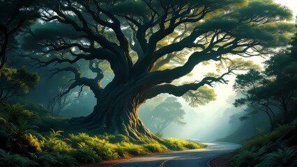 Fototapeta premium Forest road, surreal. Canary pines cast long shadows.