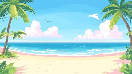 Obraz premium Scenic tropical beach banner with bright white sand, swaying palm trees, and peaceful sea under blue skies, wide travel layout.