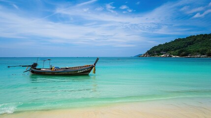 Obraz premium A small boat on the blue sea on the beach