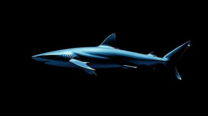 Fototapeta premium An image made using only the same shade of blue of a shark against a black background. The shark's powerful silhouette cuts through the dark waters, its form radiating a sense of strength and majesty 