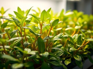 Fototapeta premium Freshly grown greens illuminated by minimalist LED hydroponic lighting.