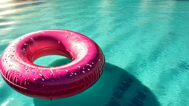 Pink inflatable ring floating in swimming pool under sunlight, summer leisure concept