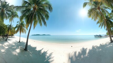 Tropical beach with white sand, coconut palms, and turquoise sea under a clear sky, wide panoramic holiday travel backdrop.