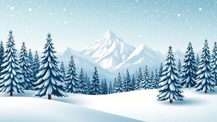 Winter wonderland scene of snow-covered forest pines with snowy mountains in the background on paper vector illustration, cold, vector
