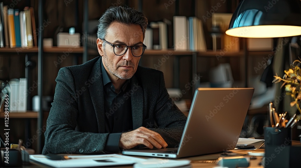 Aufkleber The setting of a businessman at his desk with a laptop highlights the integration of cloud technology in data management and networking, illustrating the modern digital w