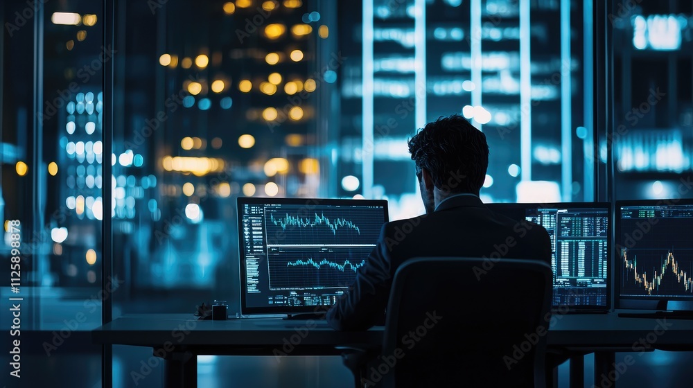 Poster the scene highlights a professional engaged in assessing forex trading graphs, focusing on the compl