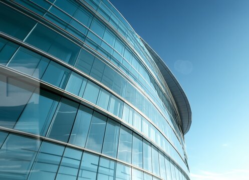 Modern glass building exterior, curved architecture, blue sky. - Powered by Adobe