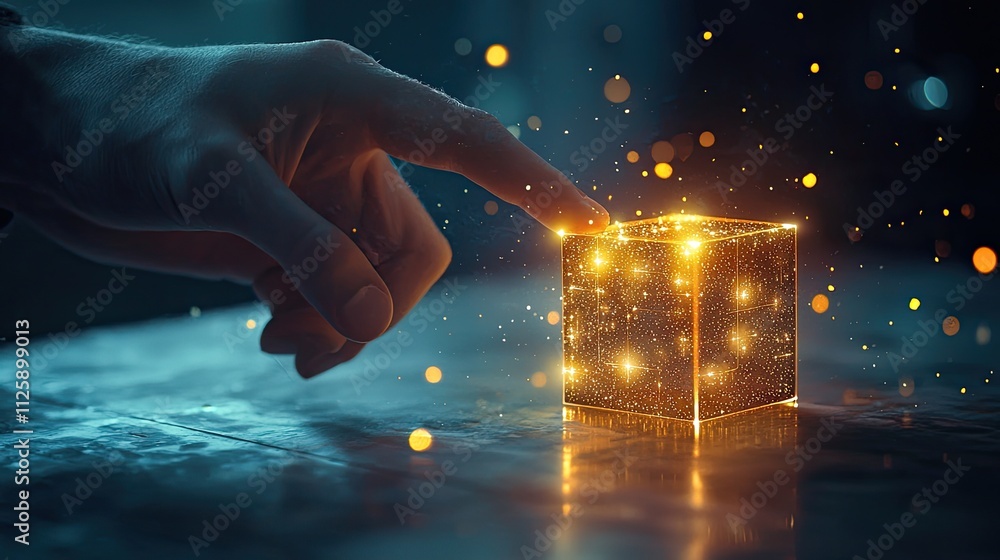 Poster The image focuses on a hand touching a block with Ideas etched on it, reflecting creativity and innovative spirit in the context of modern technology and communication.