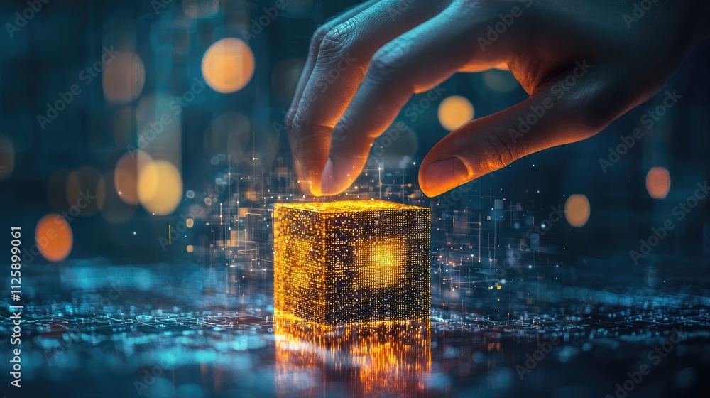 Leinwandbilder The image focuses on a hand touching a block with Ideas etched on it, reflecting creativity and innovative spirit in the context of modern technology and communication.