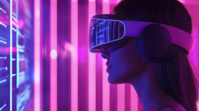 A woman engages with a virtual screen, using a mouse and keyboard to stream online content, including videos and live events, showcasing the enjoyment of digital media.