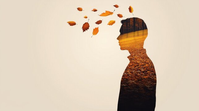 Abstract seasonal double exposure with human silhouette concept. Silhouette of a person with autumn leaves emerging from the head